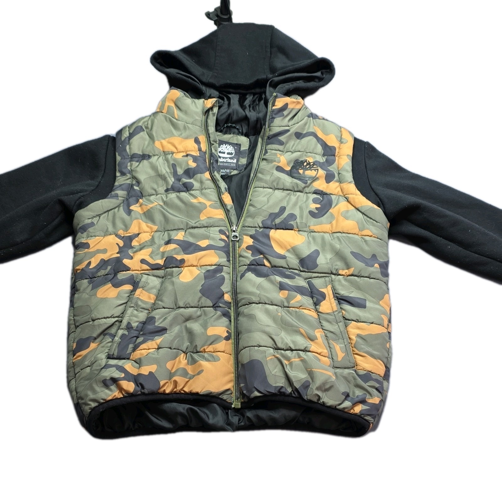 Timberland Boys Camouflage Hooded Puffer Jacket M (10/12) Green Black Orange